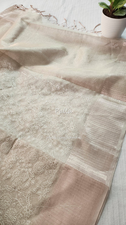 Light golden tissue silk saree with embroidery |Tis1