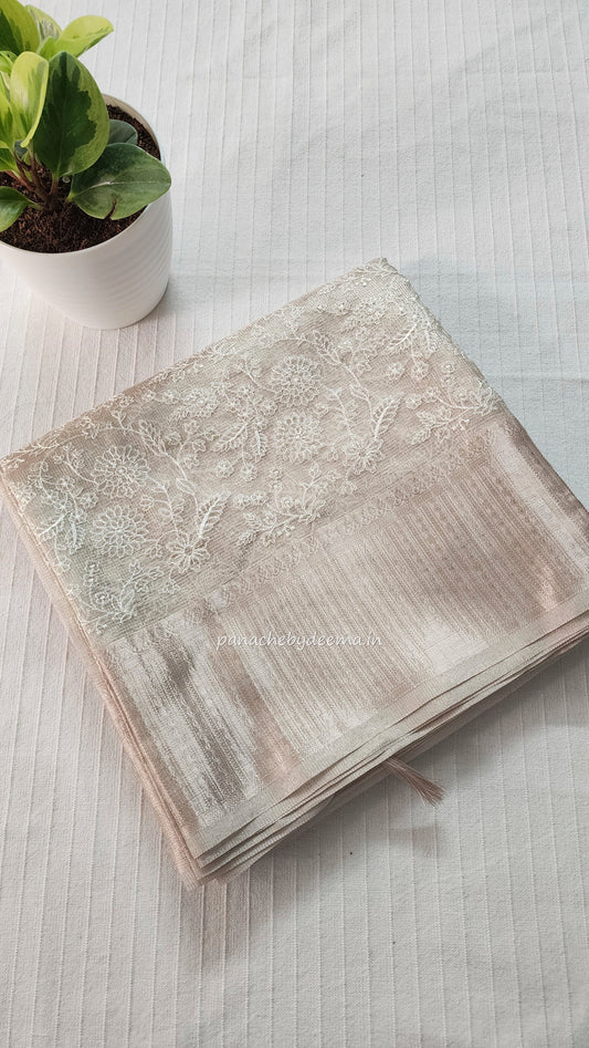 Light golden tissue silk saree with embroidery |Tis1