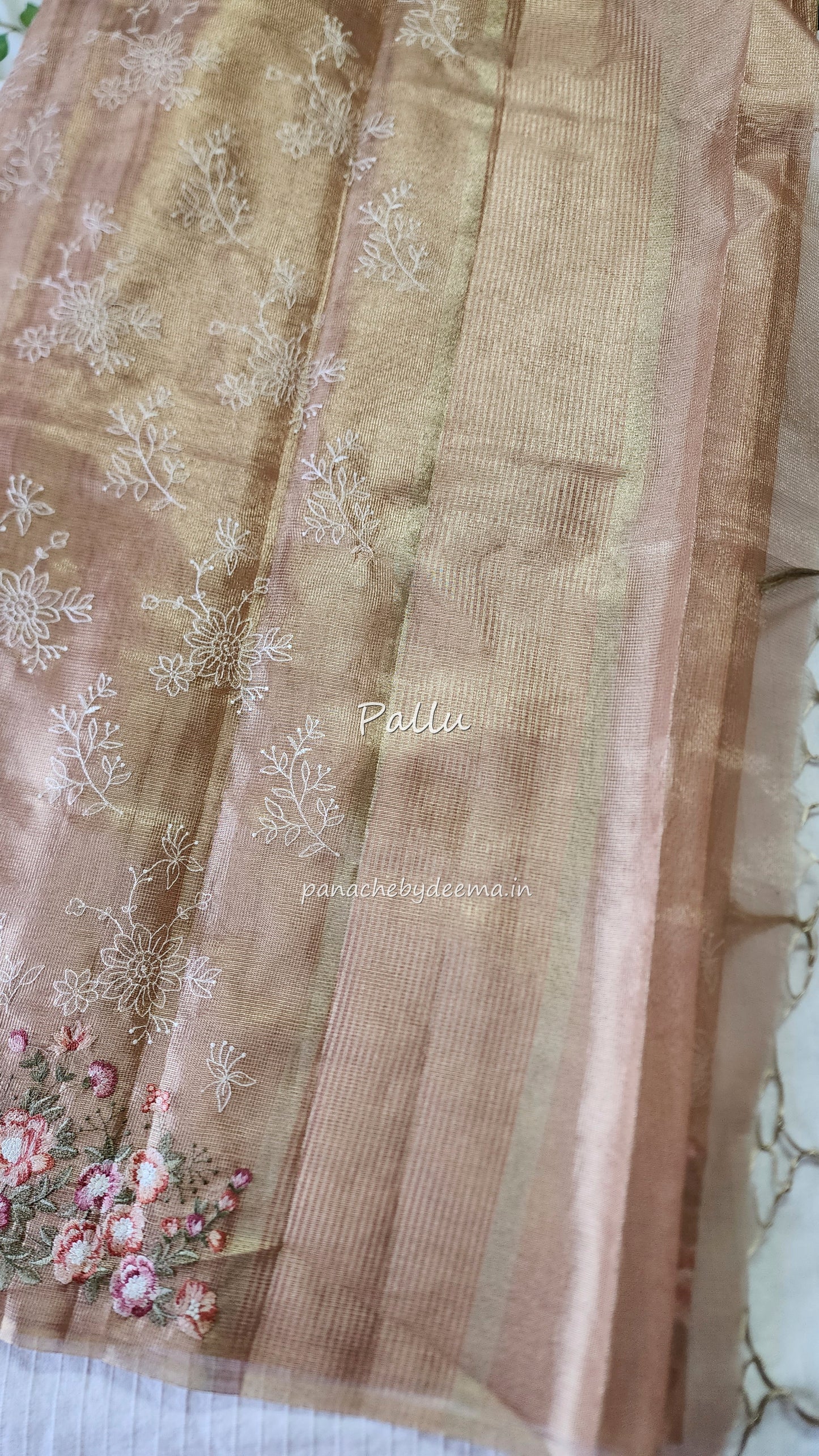Tissue saree with embroidery |golden light peachy pink |Tis5