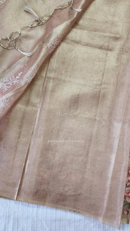 Tissue saree with embroidery |golden light peachy pink |Tis5