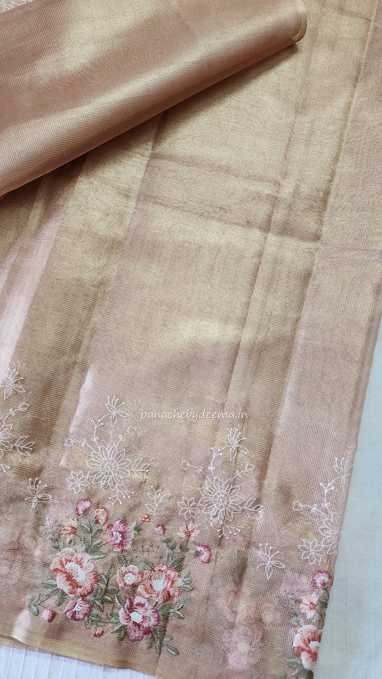 Tissue saree with embroidery |golden light peachy pink |Tis5