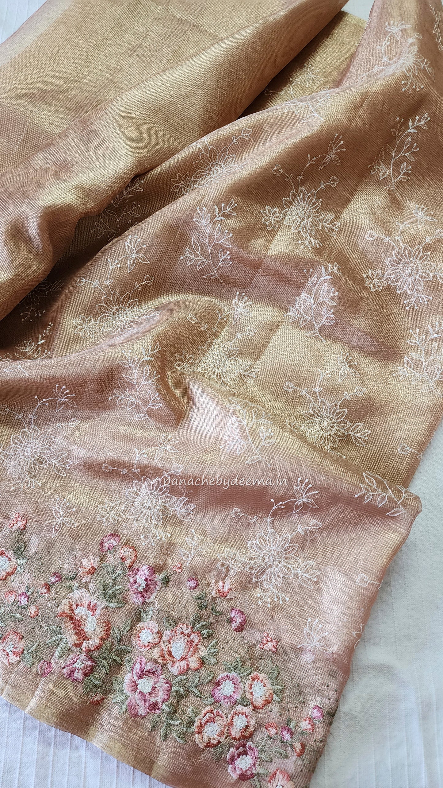 Tissue saree with embroidery |golden light peachy pink |Tis5