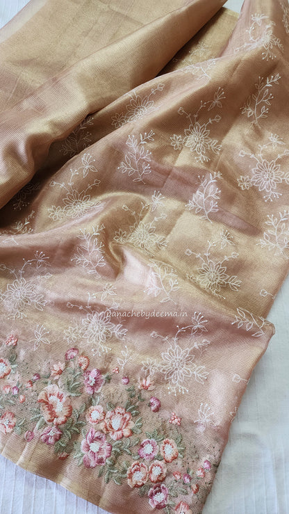 Tissue saree with embroidery |golden light peachy pink |Tis5