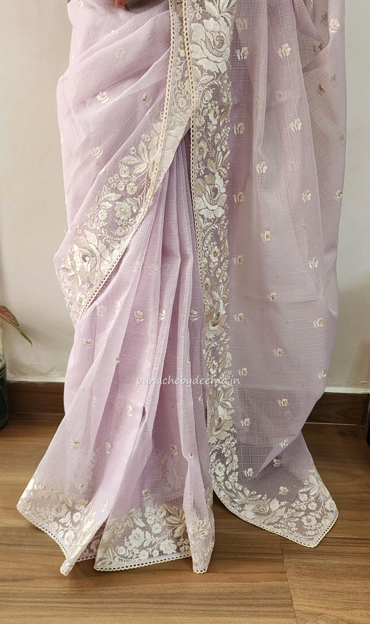 Kota saree with embroidery and crochet lace edges| Light lavender |KT1