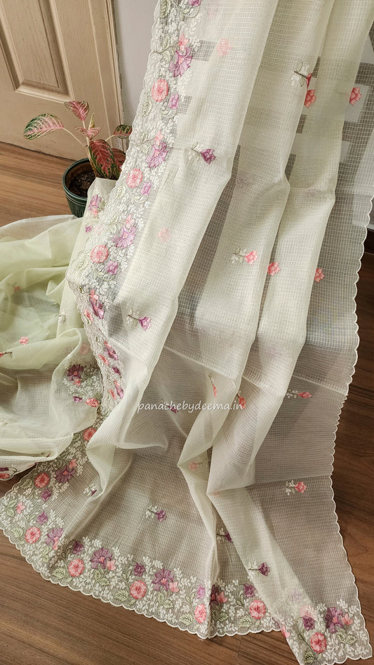 Kota saree with embroidery and scalloped borders| Light green |KT2