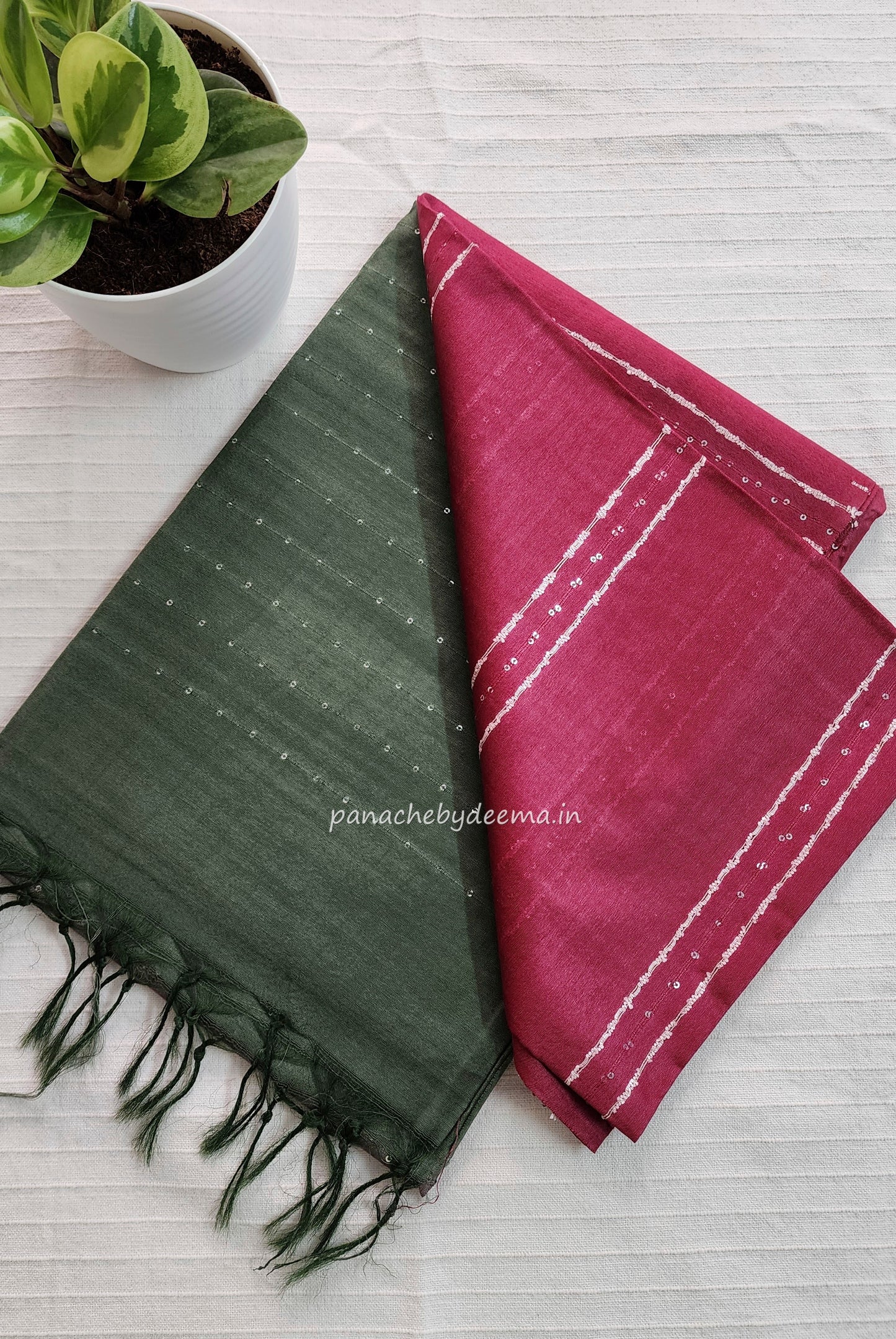 Semi tussar saree with small sequined work over body and contrast sequined pallu| Dark pink with green pallu | STH2