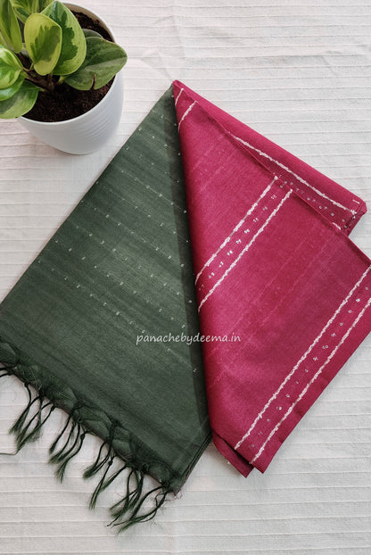 Semi tussar saree with small sequined work over body and contrast sequined pallu| Dark pink with green pallu | STH2