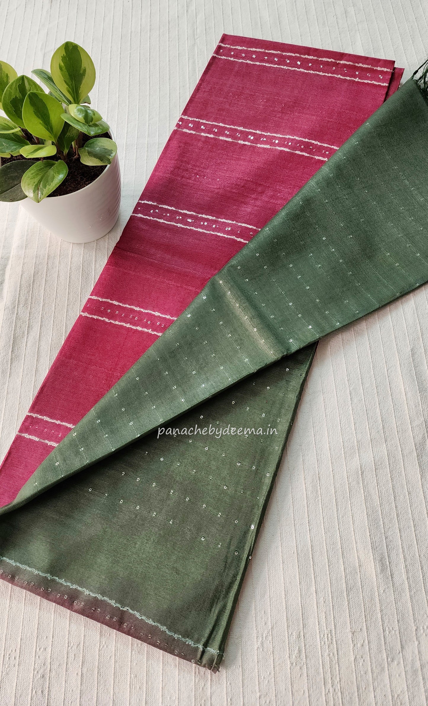 Semi tussar saree with small sequined work over body and contrast sequined pallu| Dark pink with green pallu | STH2