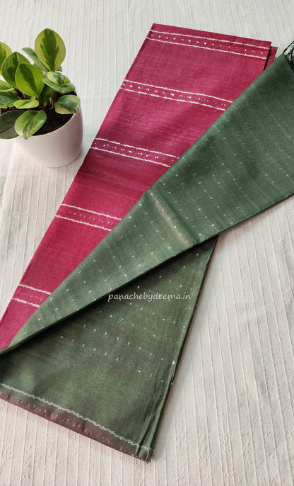 Semi tussar saree with small sequined work over body and contrast sequined pallu| Dark pink with green pallu | STH2