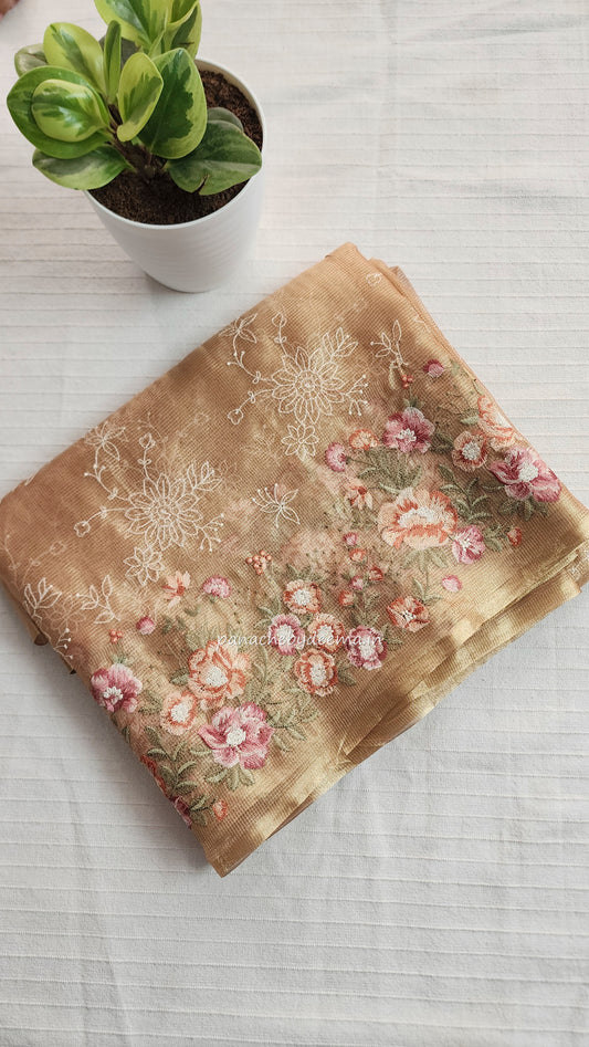 Tissue saree with embroidery |golden light peachy pink |Tis5