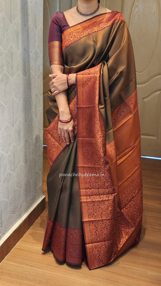Copper zari woven semi kancheepuram silk saree with contrast border and blouse | Green with maroon border |SS125