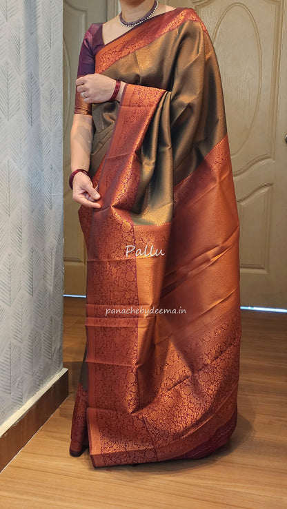 Copper zari woven semi kancheepuram silk saree with contrast border and blouse | Green with maroon border |SS125
