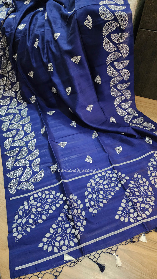 Matka silk designer saree with embroidery | Dark blue | SC4