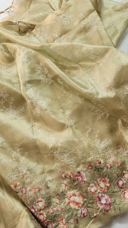 Tissue saree with embroidery | green  |Tis2