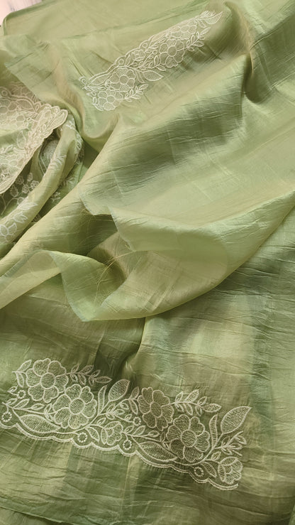 Crushed organza saree with embroidery and scalloped borders | Pastel green| CR1