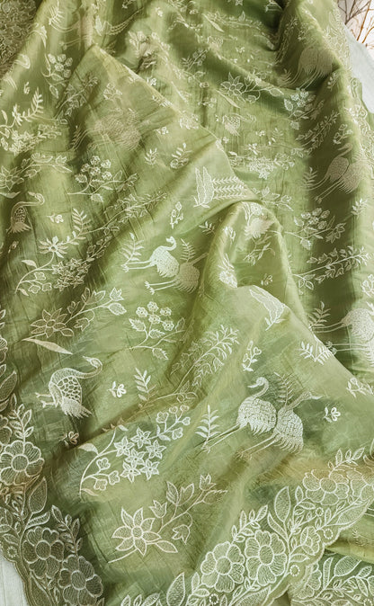 Crushed organza saree with embroidery and scalloped borders | Pastel green| CR1