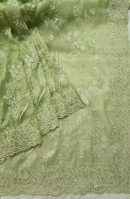 Crushed organza saree with embroidery and scalloped borders | Pastel green| CR1