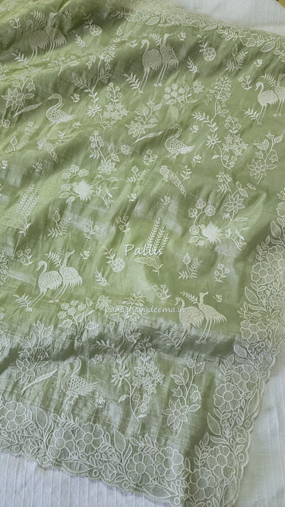 Crushed organza saree with embroidery and scalloped borders | Pastel green| CR1
