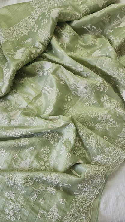 Crushed organza saree with embroidery and scalloped borders | Pastel green| CR1