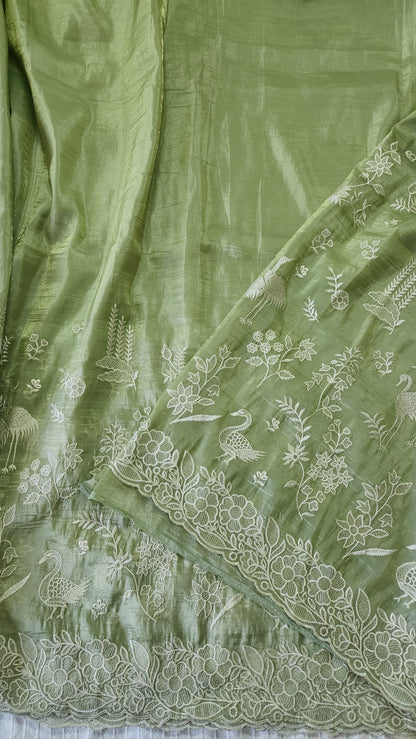 Crushed organza saree with embroidery and scalloped borders | Pastel green| CR1