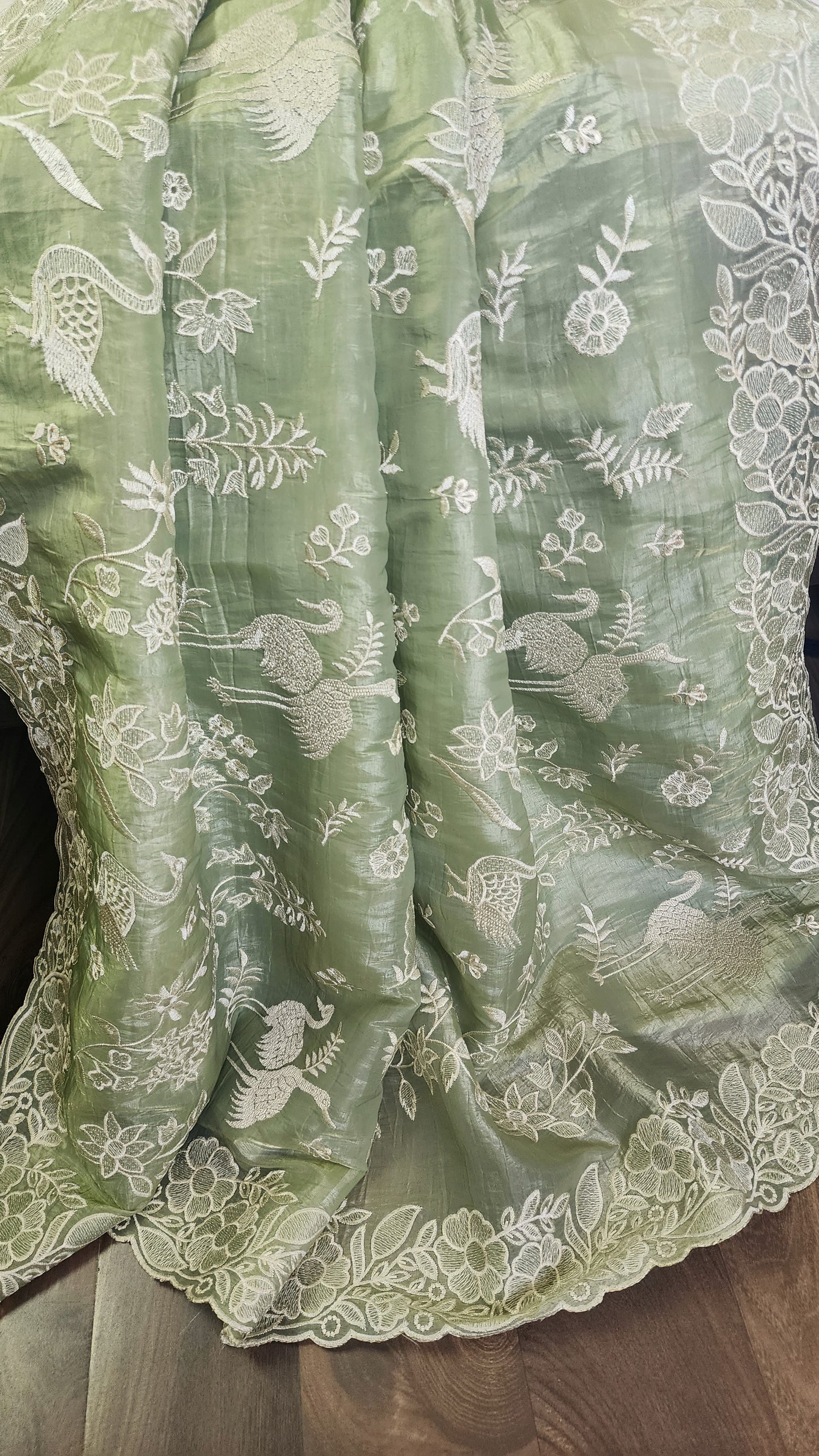 Crushed organza saree with embroidery and scalloped borders | Pastel green| CR1