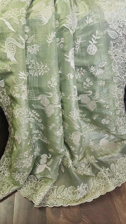 Crushed organza saree with embroidery and scalloped borders | Pastel green| CR1