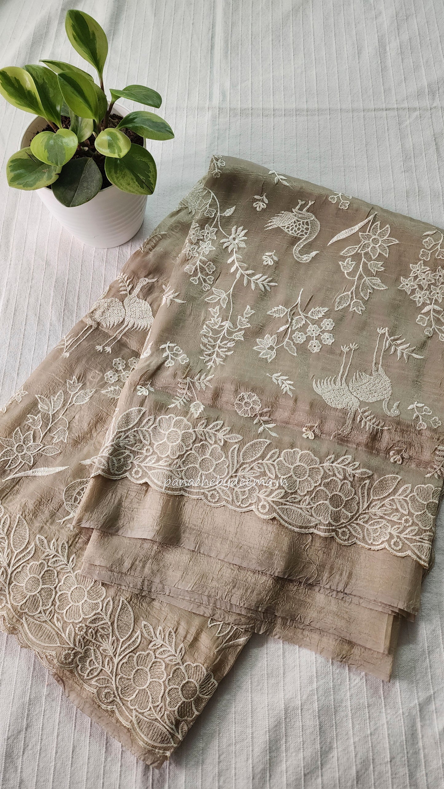 Crushed organza saree with embroidery and scalloped borders | light beige | CR2