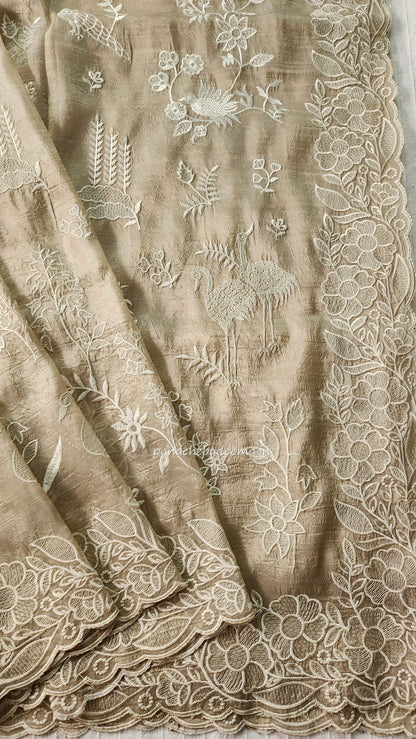 Crushed organza saree with embroidery and scalloped borders | light beige | CR2