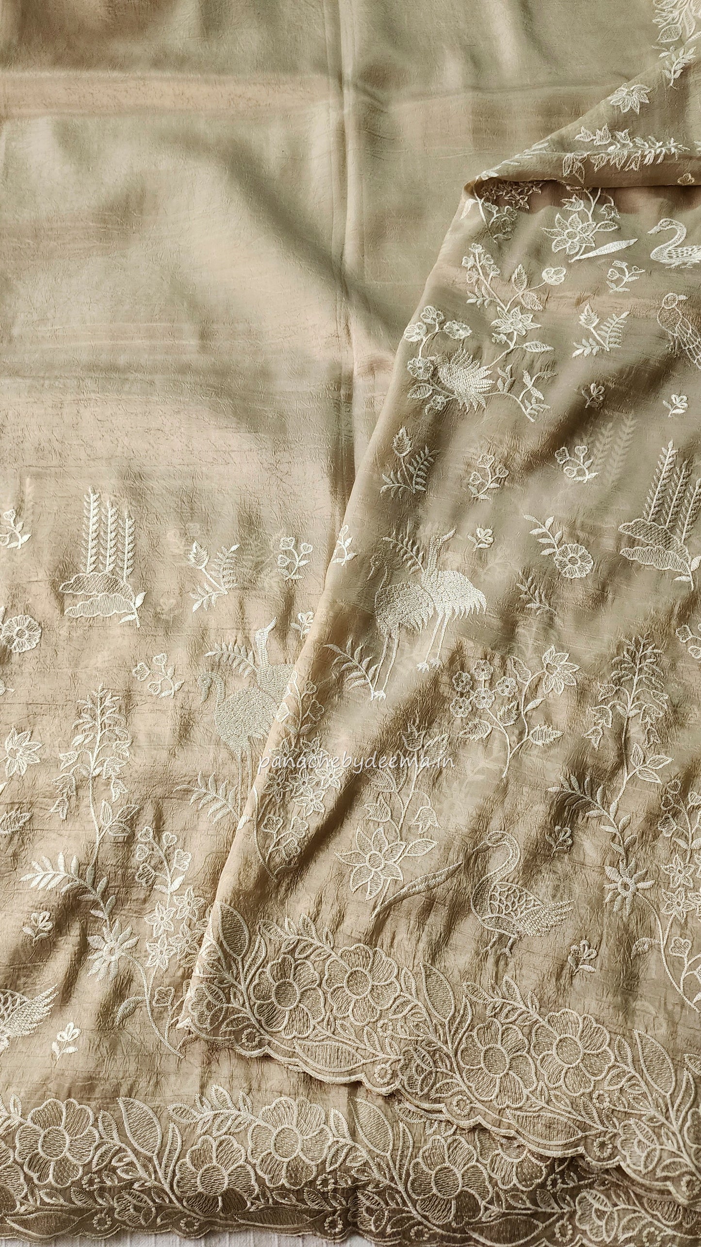 Crushed organza saree with embroidery and scalloped borders | light beige | CR2
