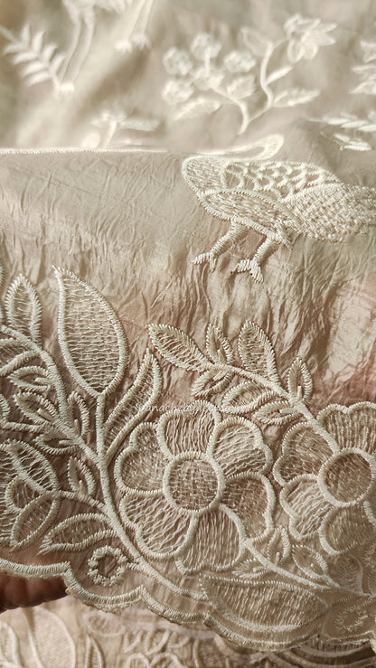 Crushed organza saree with embroidery and scalloped borders | light beige | CR2