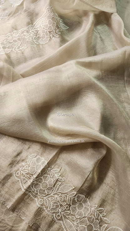 Crushed organza saree with embroidery and scalloped borders | light beige | CR2