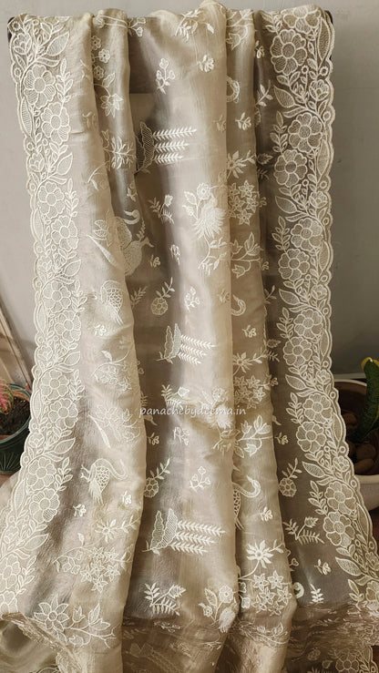 Crushed organza saree with embroidery and scalloped borders | light beige | CR2