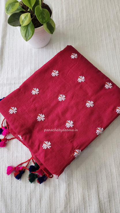 Mul cotton saree with flower embroidery | Reddish pink | K3