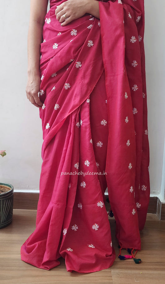 Mul cotton saree with flower embroidery | Reddish pink | K3