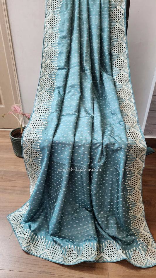Soft flowy cut work saree with cut work borders | Dark sea green | CT111