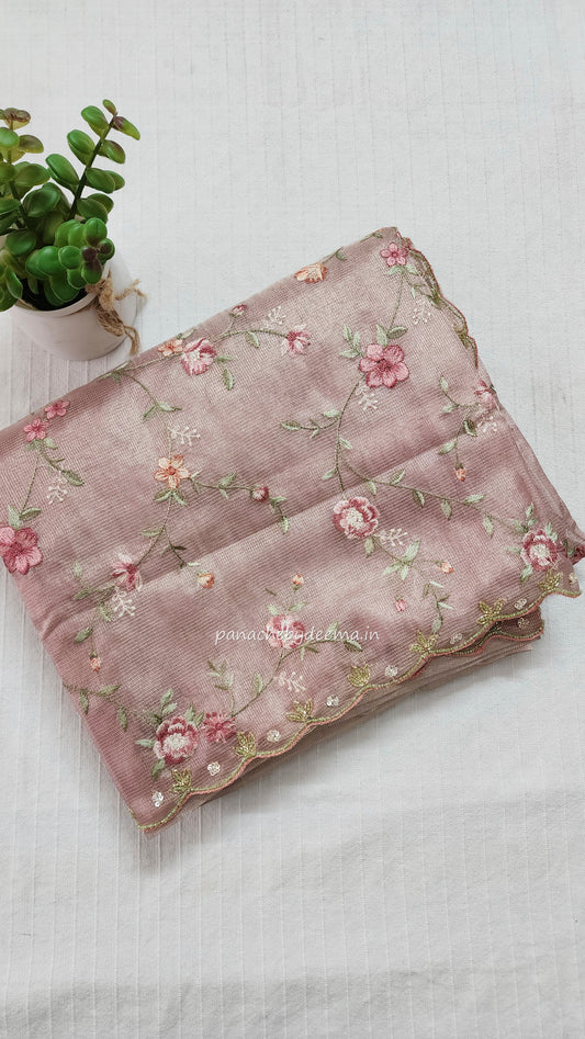 Kota tissue saree with embroidery and handworked scalloped edges |Light Pink |Tis6