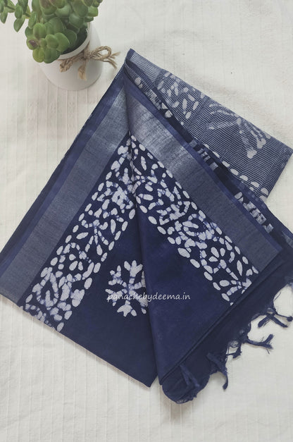 Semi linen saree with batik design | Blue | OR1