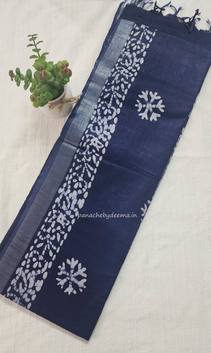Semi linen saree with batik design | Blue | OR1