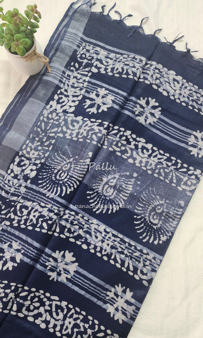 Semi linen saree with batik design | Blue | OR1