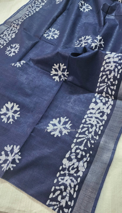 Semi linen saree with batik design | Blue | OR1