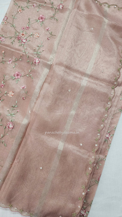 Kota tissue saree with embroidery and handworked scalloped edges |light pink2 |Tis7