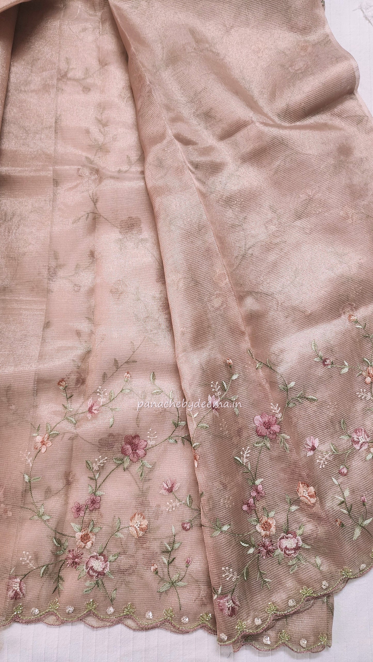 Kota tissue saree with embroidery and handworked scalloped edges |light pink2 |Tis7