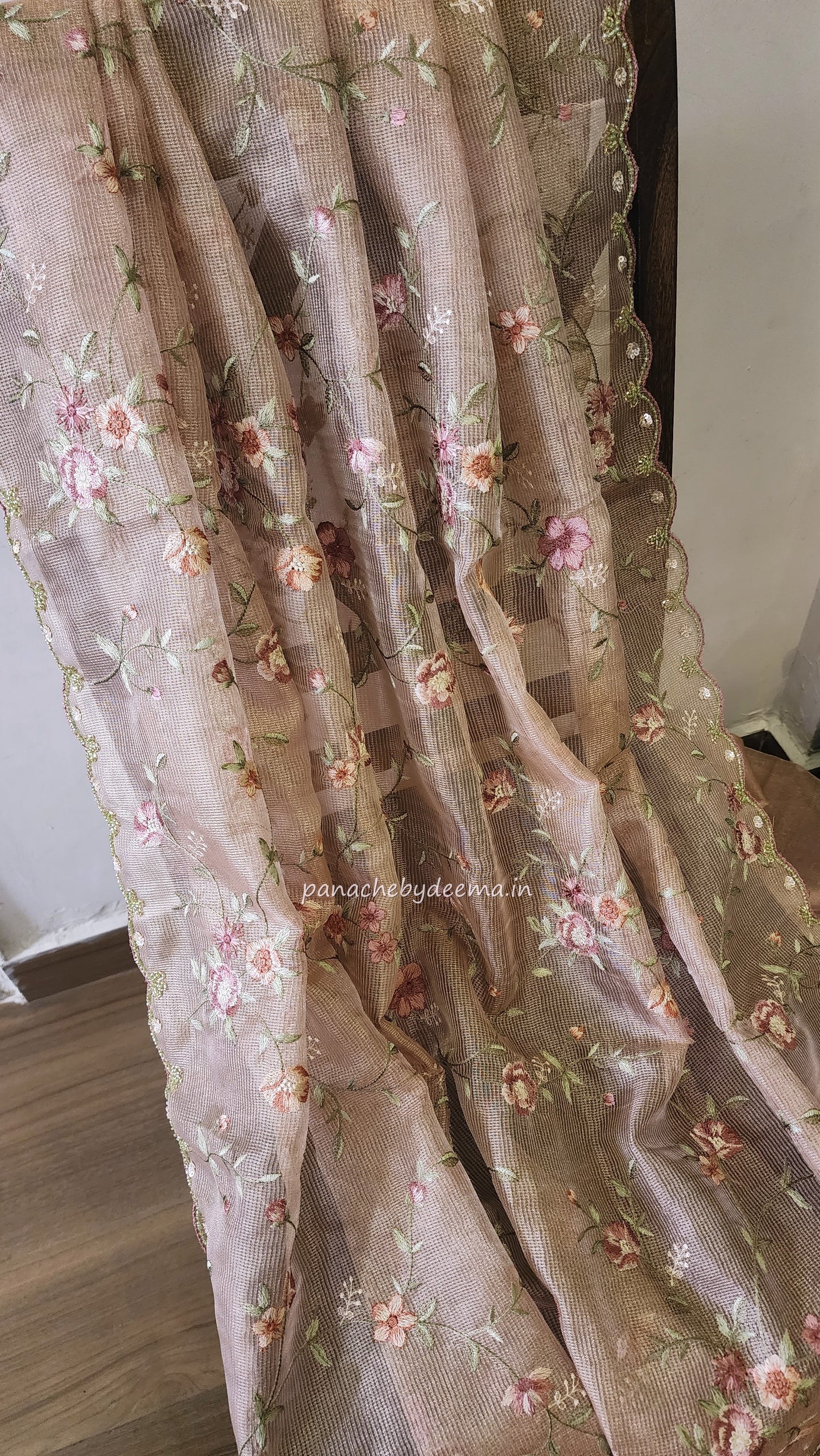 Kota tissue saree with embroidery and handworked scalloped edges |light pink2 |Tis7