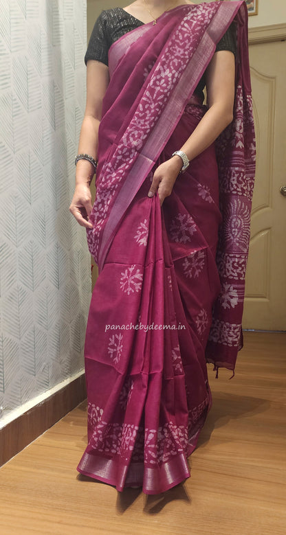 Semi linen saree with batik design | Pink| OR2