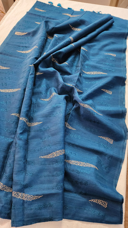 Matka silk designer saree with embroidery | Teal blue | MT14