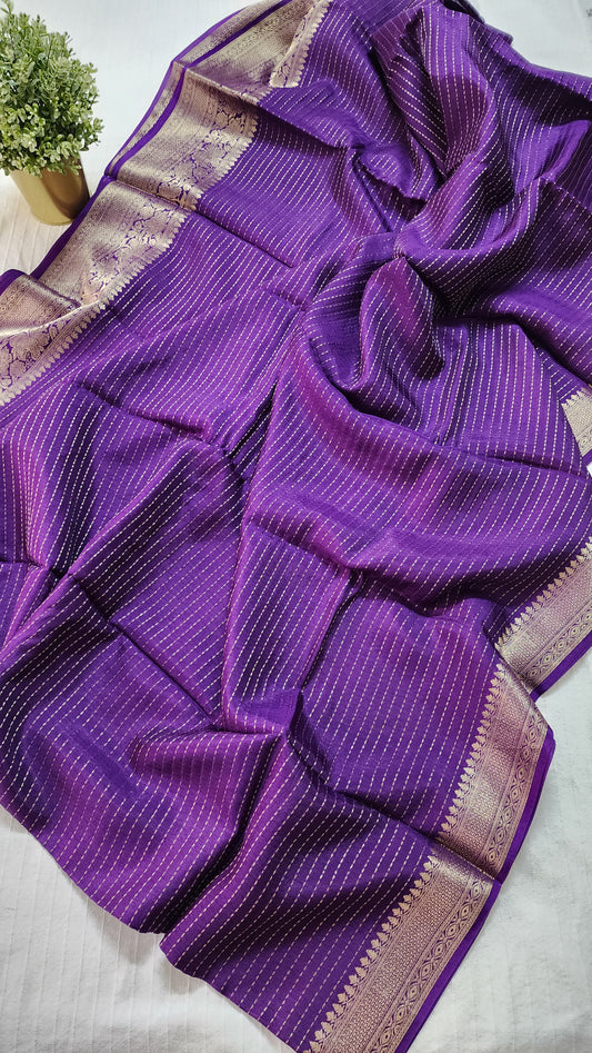 Semi banarasi munga silk designer sareee with kantha pattern zari weaving | Violet with pink | BS1
