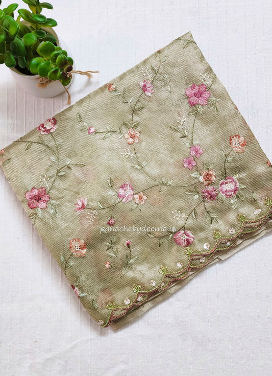 Kota tissue saree with embroidery and handworked scalloped edges |green |Tis8