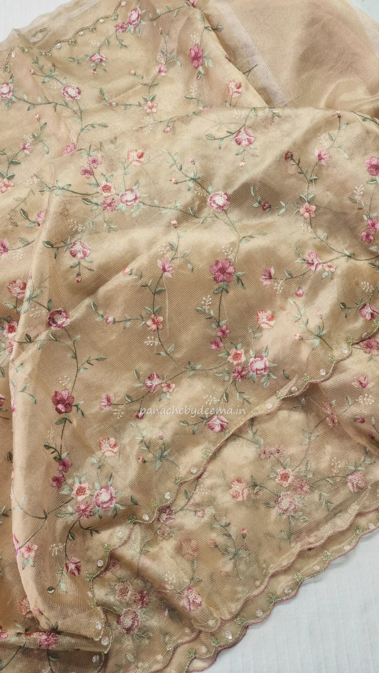Kota tissue saree with embroidery and handworked scalloped edges |yellow|Tis9