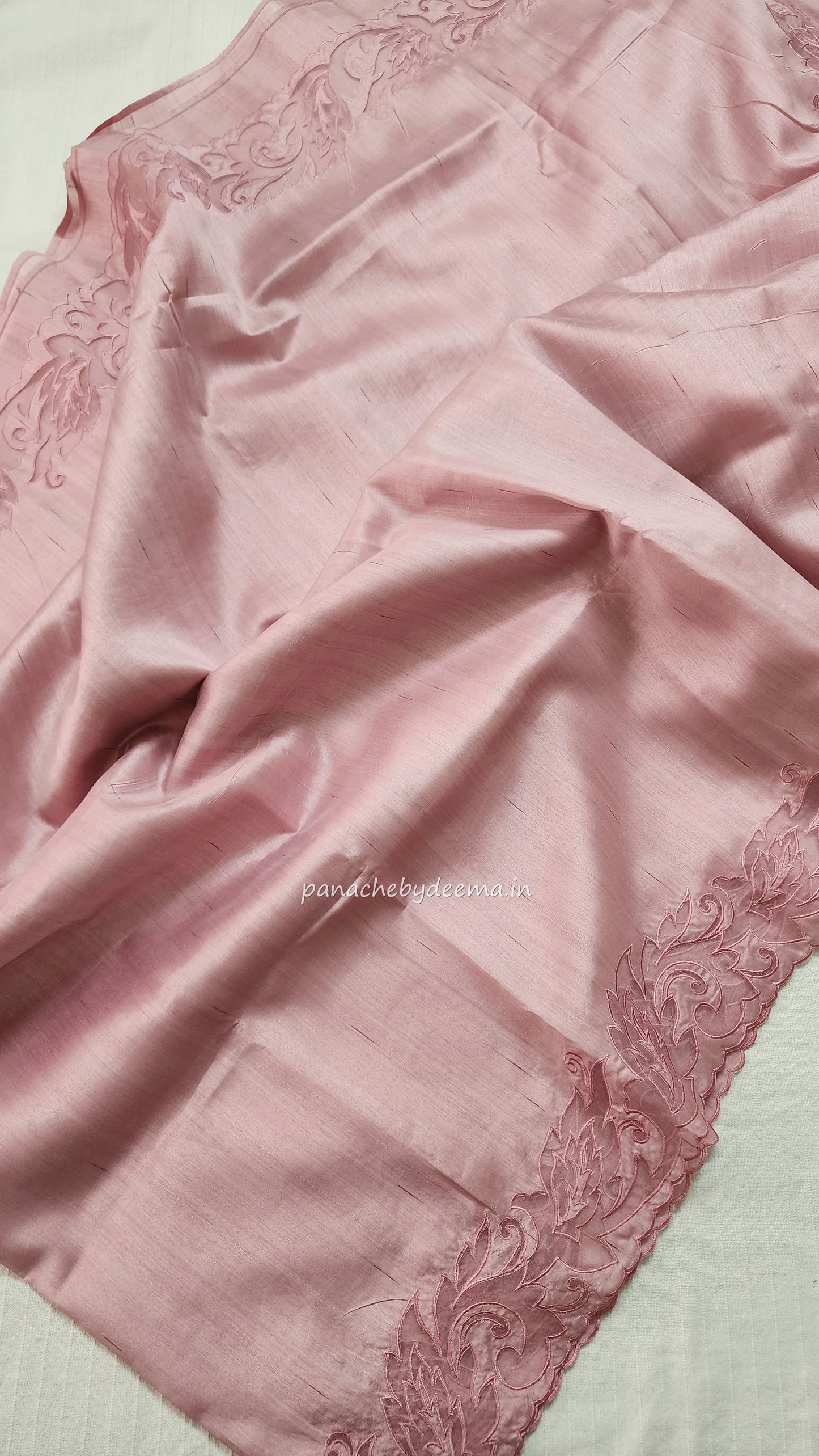 Semi tussar applique cut work saree with scalloped borders | light pink | AST1