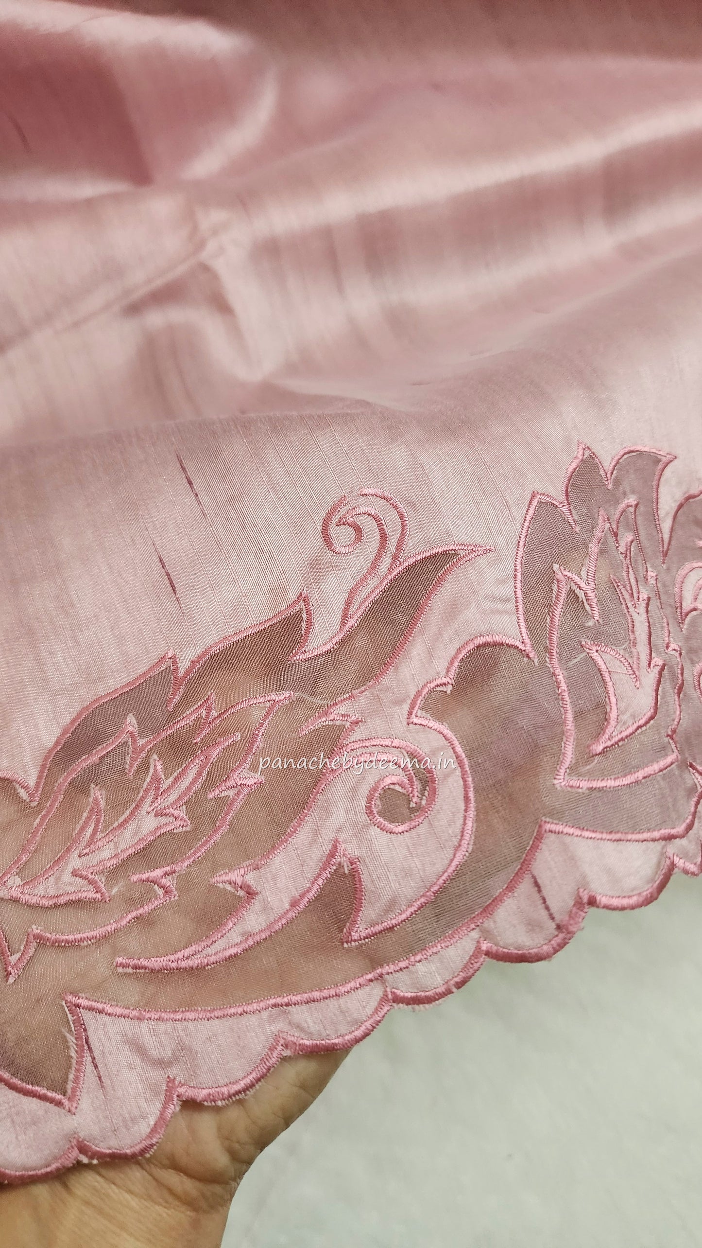 Semi tussar applique cut work saree with scalloped borders | light pink | AST1